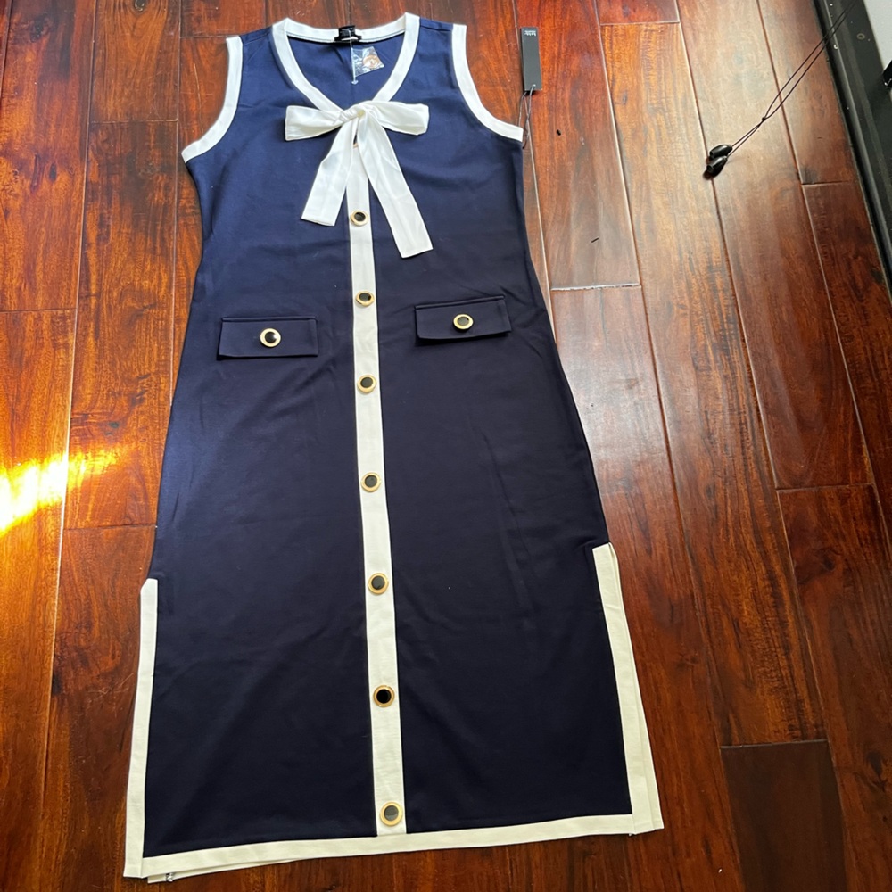 New NICOLE MILLER NEW YORK Navy/white Contrast Trim Bow Tie Midi Dress - Picture 14 of 15